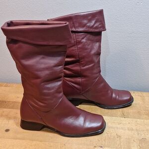 Burgundy Fold Down Lined Leather Boots Womens 6M Sasha EUC Midcalf Mrs‎ Claus